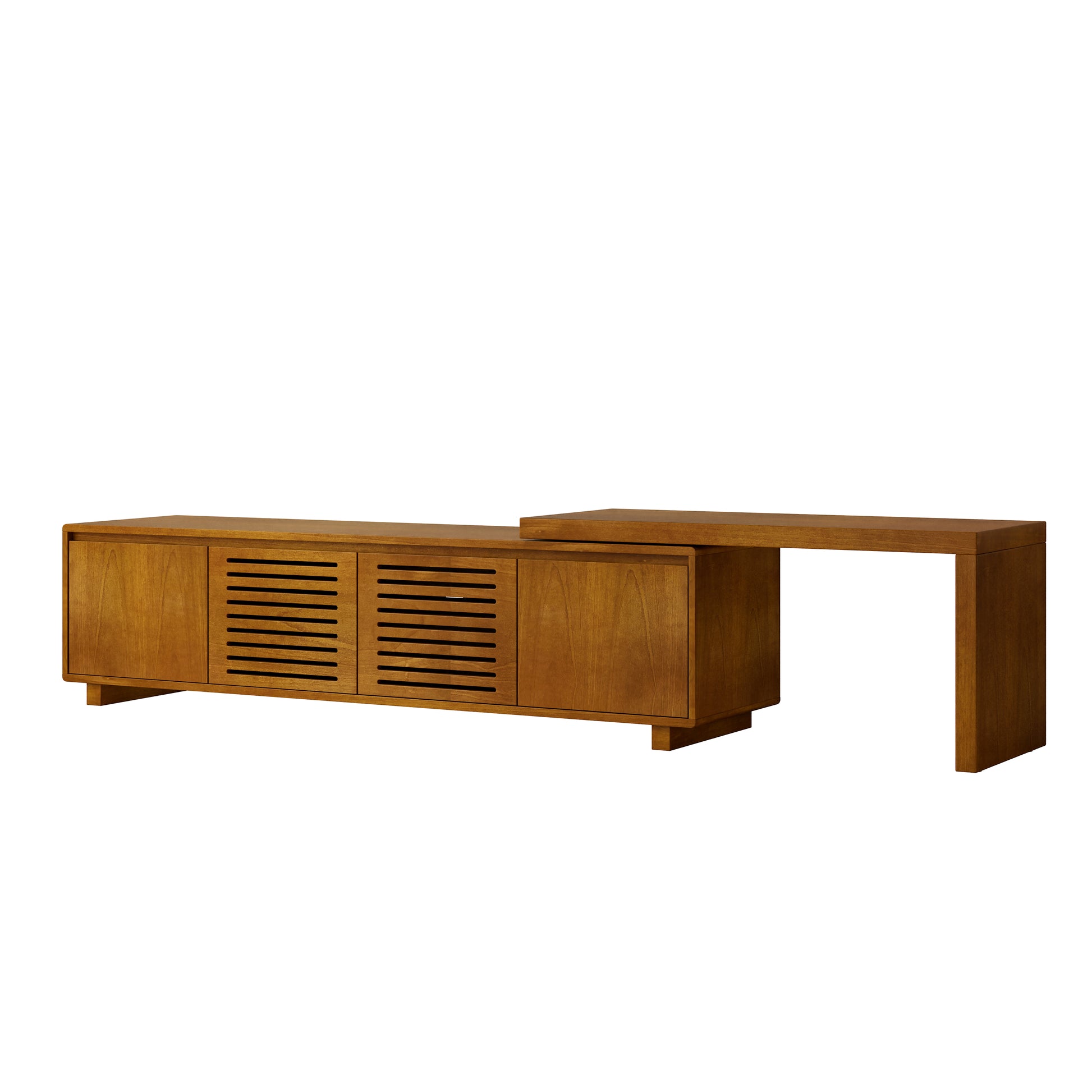 Midcentury modern media console with slatted doors and attached desk in warm wood finish