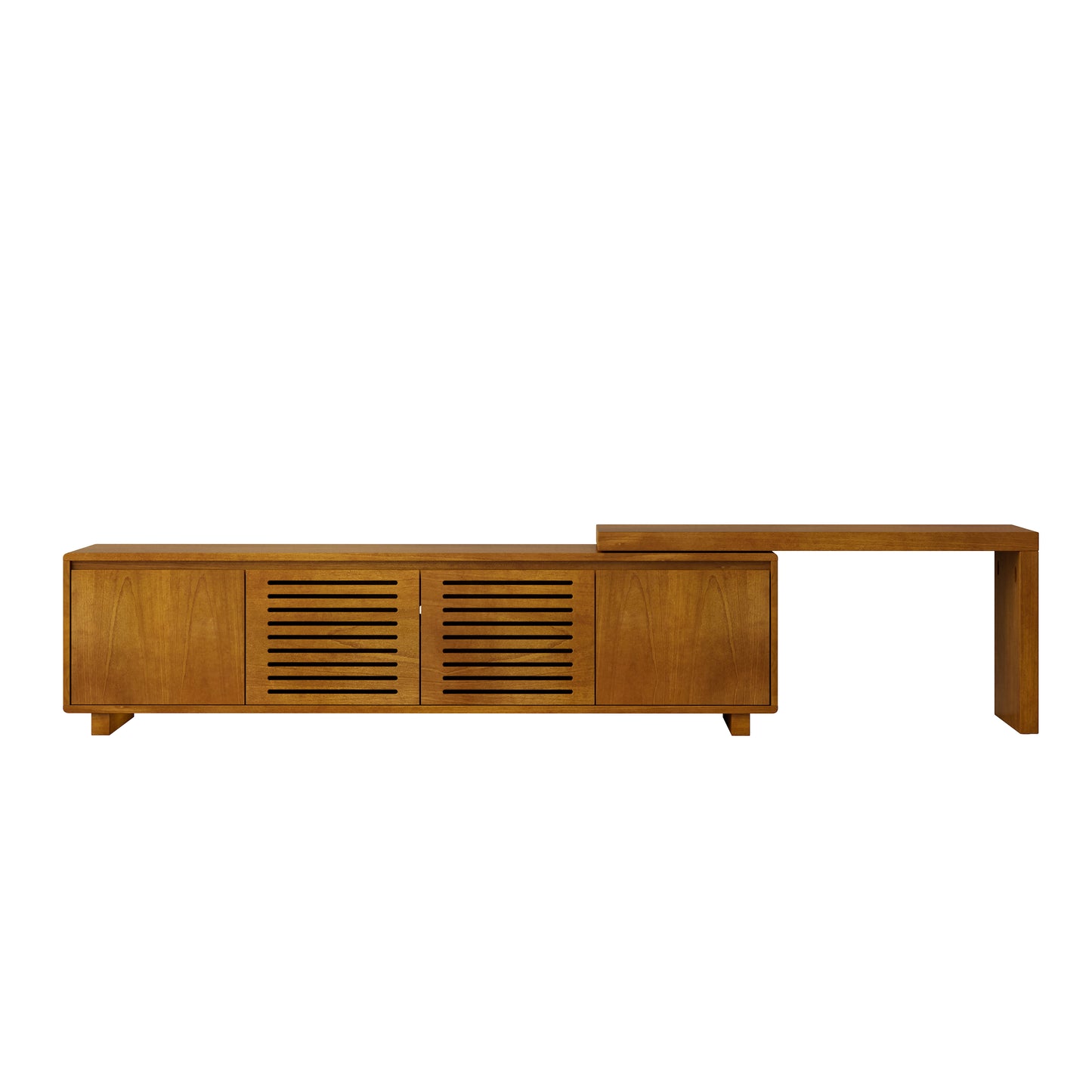 Midcentury modern walnut media console with slatted cabinet doors and extended countertop