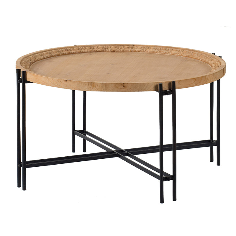 Natural wood round tray table with black metal base and decorative edge