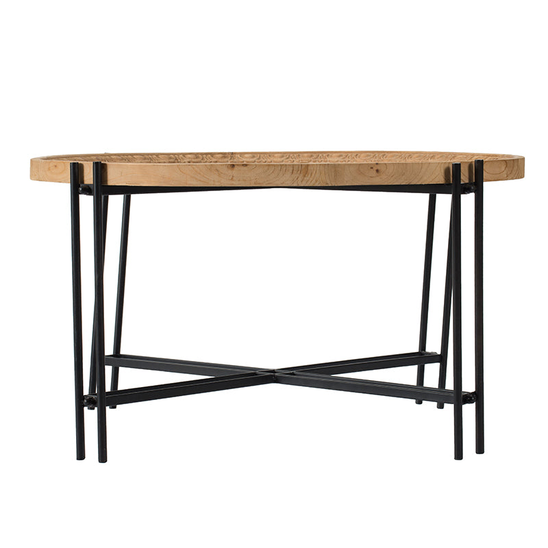 Wooden coffee table with carved surface and black metal hairpin legs