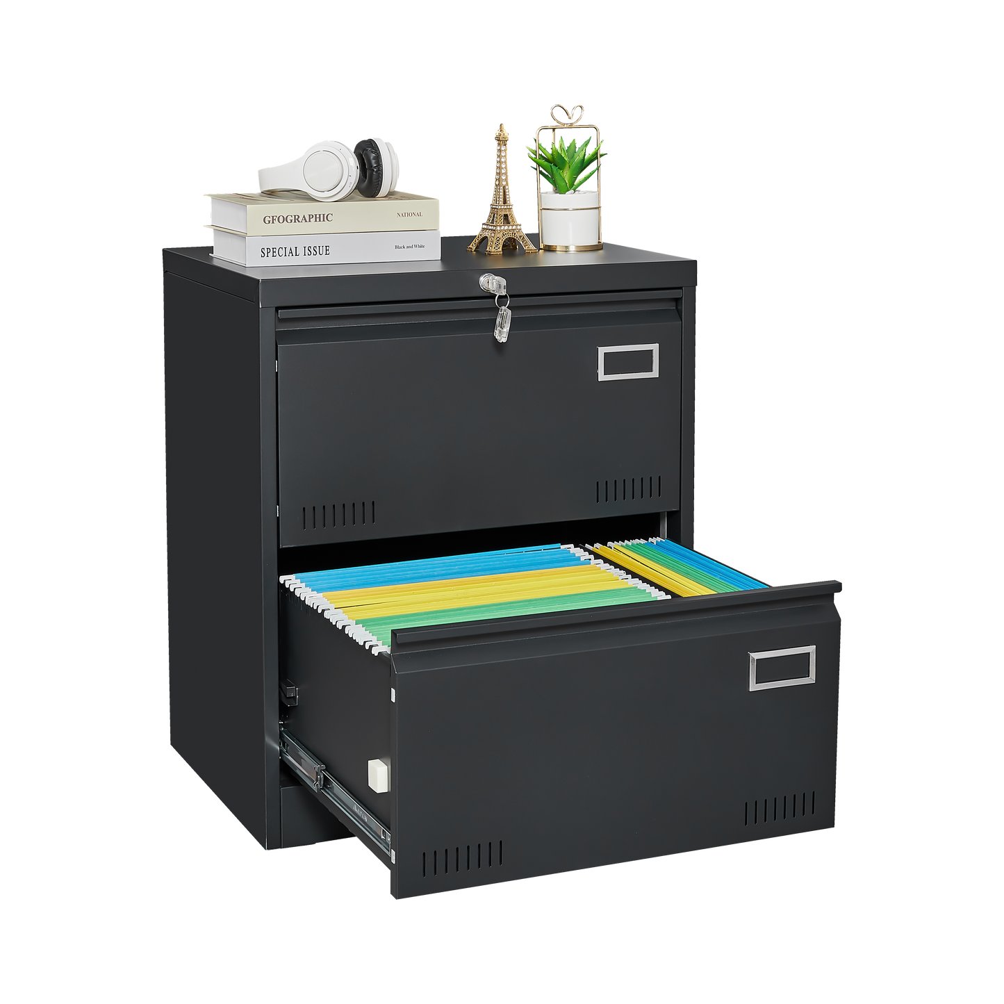 Dark grey twodrawer metal filing cabinet with one drawer open revealing colorful hanging files