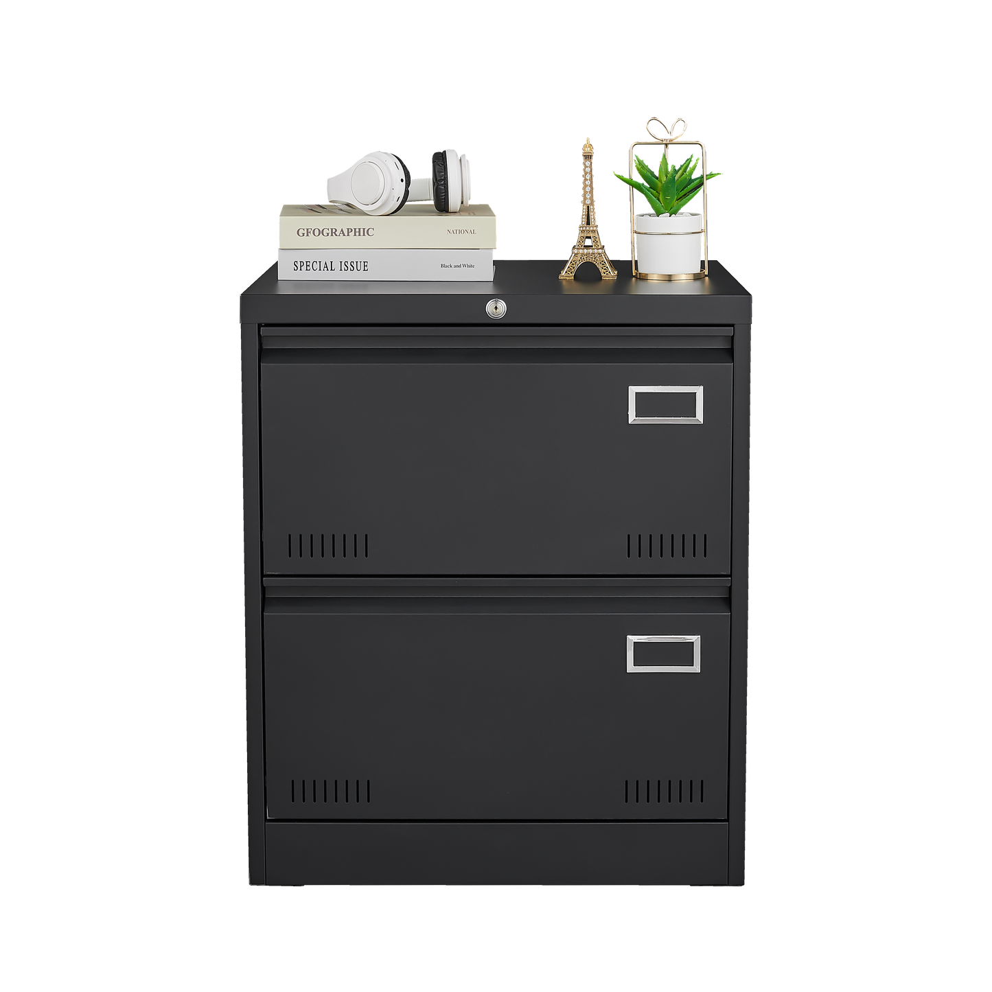 Black metal twodrawer filing cabinet with silver drawer pulls and ventilation slots