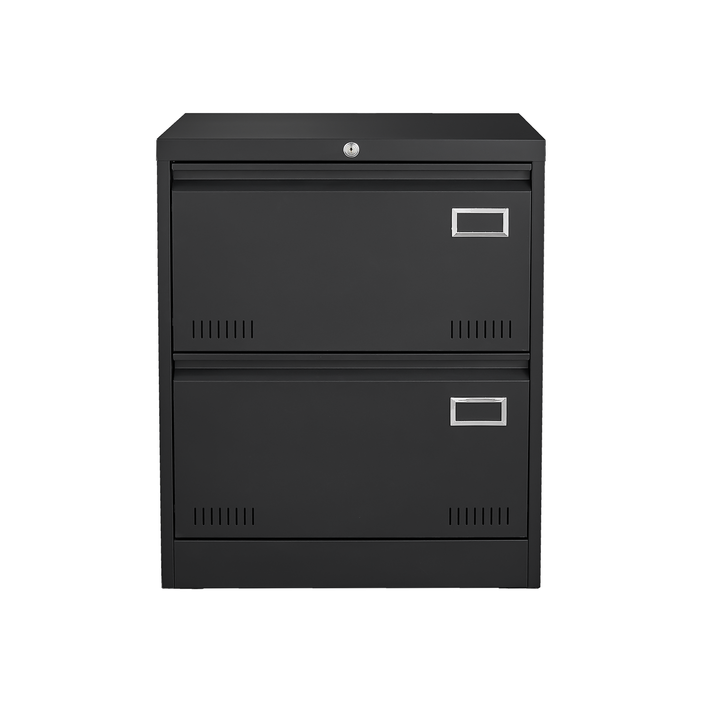 Black metal filing cabinet with two drawers and silver handles for office organization