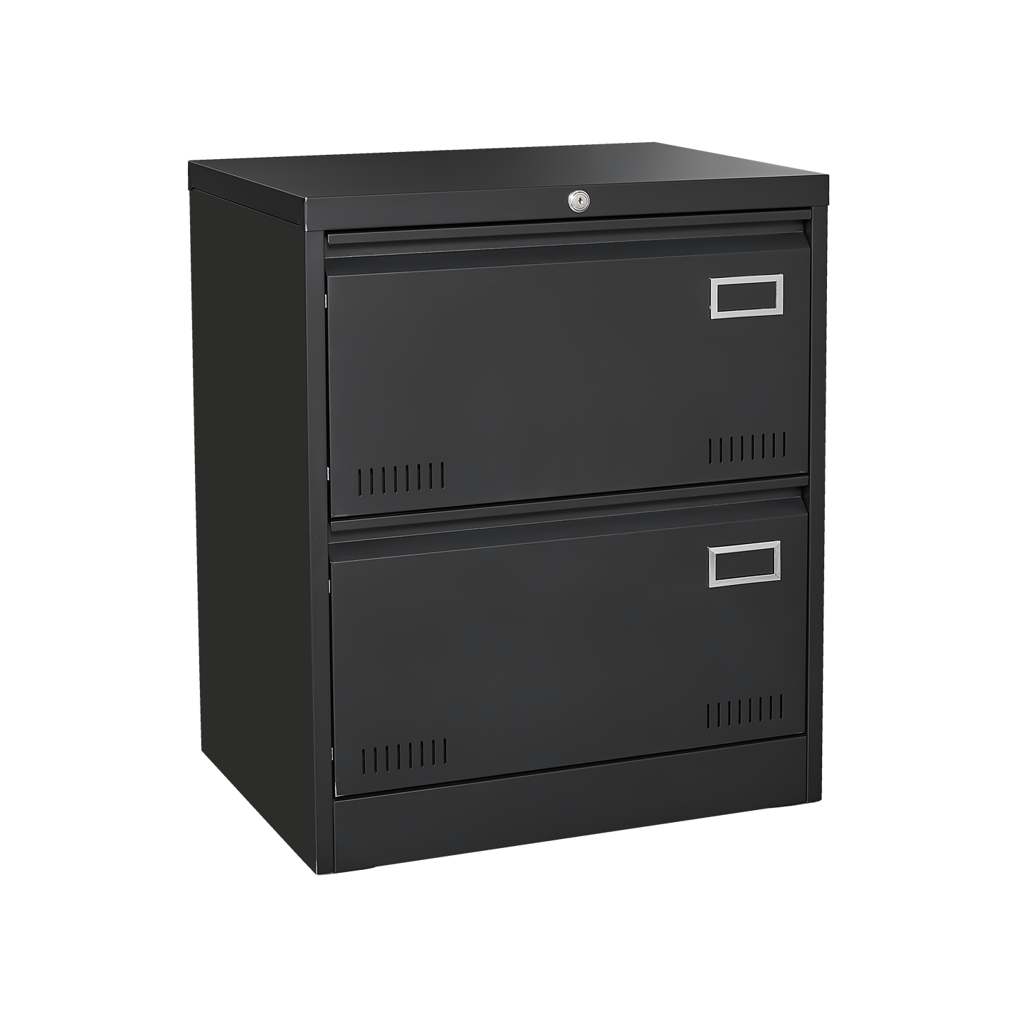 Black metal drawer filing cabinet with lock and silver handles for office organization