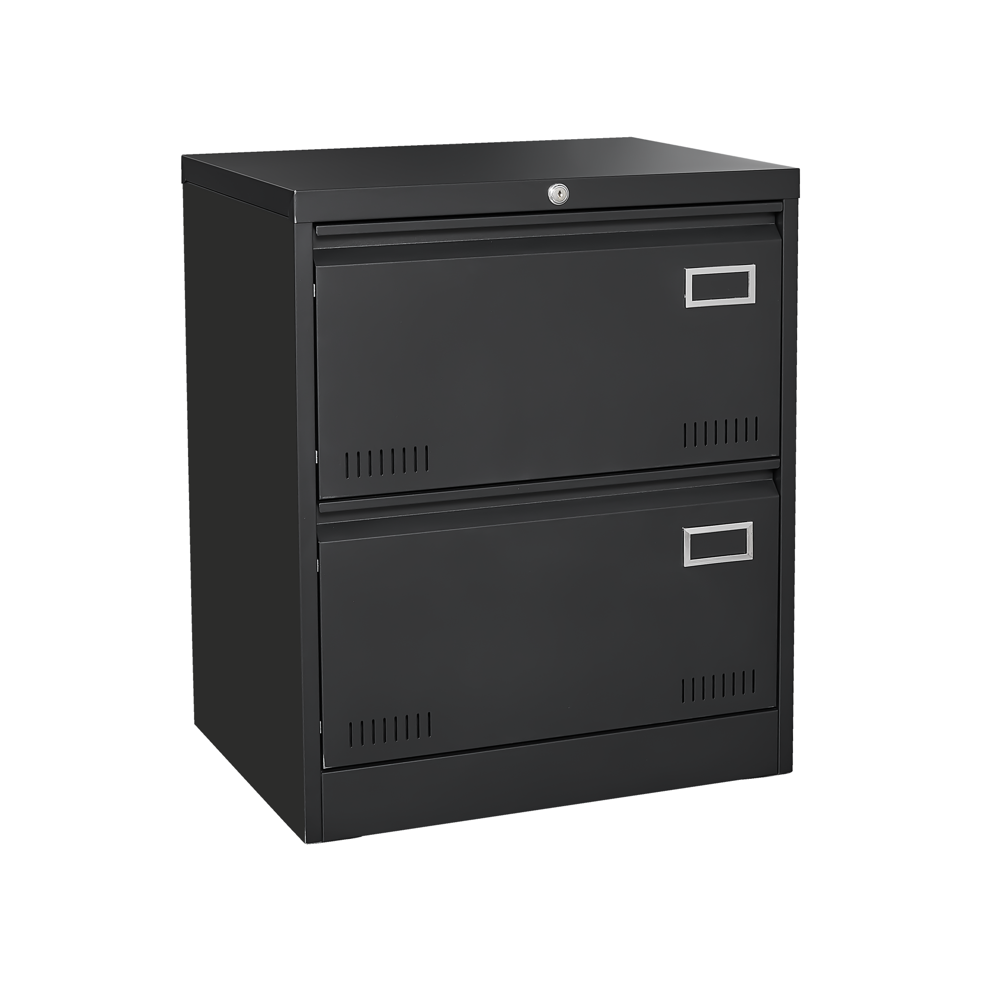Black metal drawer filing cabinet with lock and silver handles for office organization