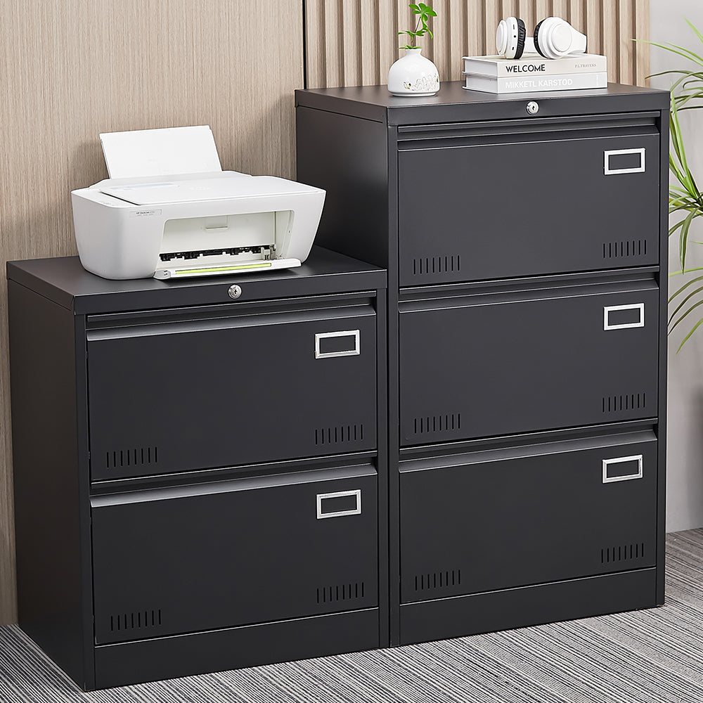 Black metal filing cabinet with two drawers and a printer on top