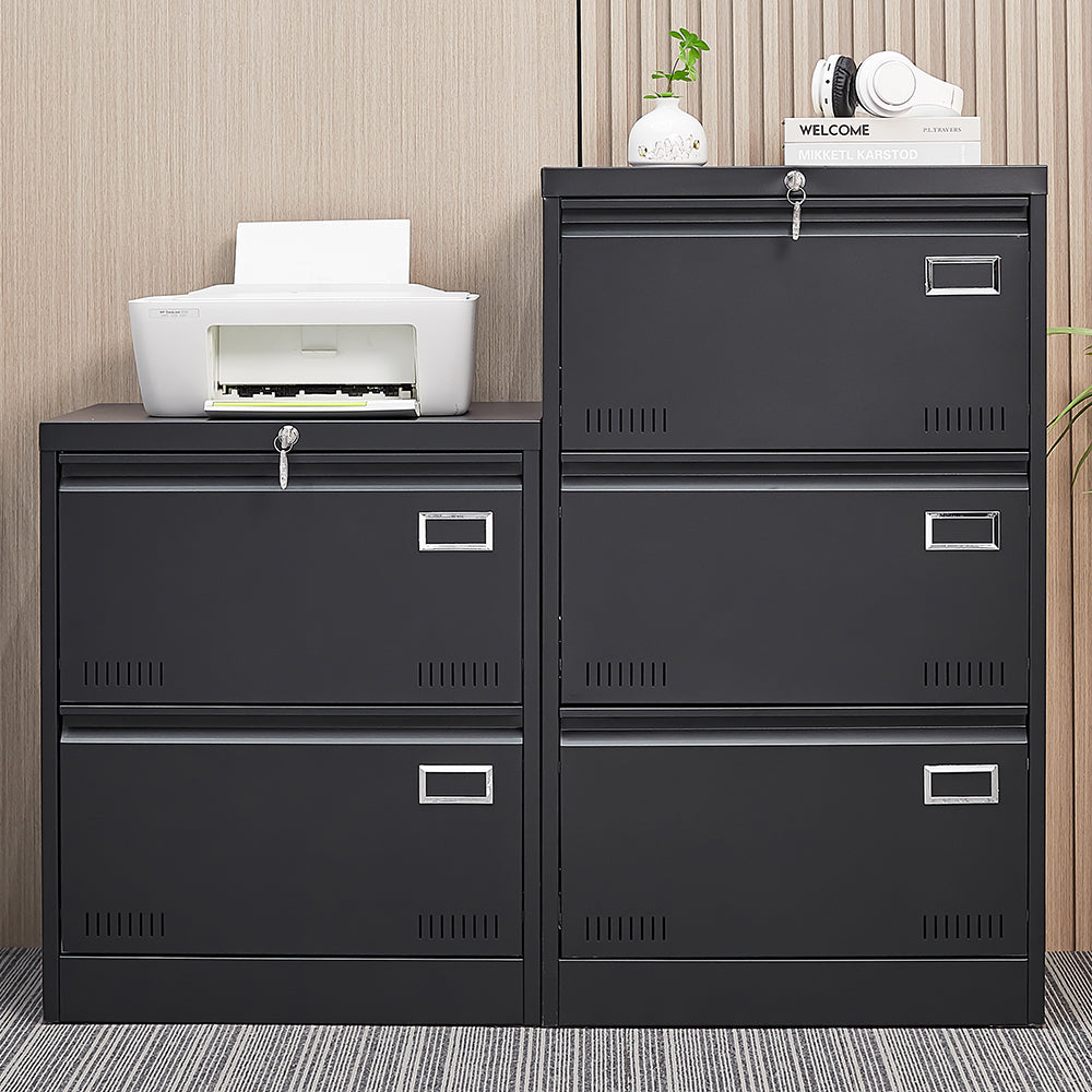 Durable dark grey metal filing cabinet with two drawers and a lock perfect for office organization