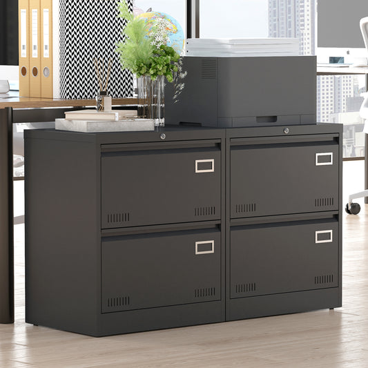 Dark grey metal drawer filing cabinet with chrome handles and locks