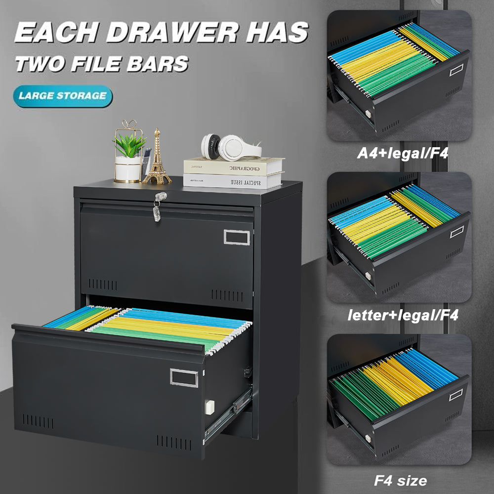 Dark gray twodrawer metal filing cabinet with large capacity and hanging files