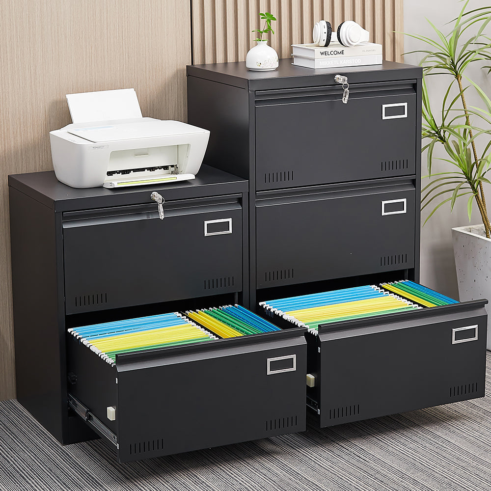 Charcoal grey metal filing cabinet with three drawers holding colorful hanging files