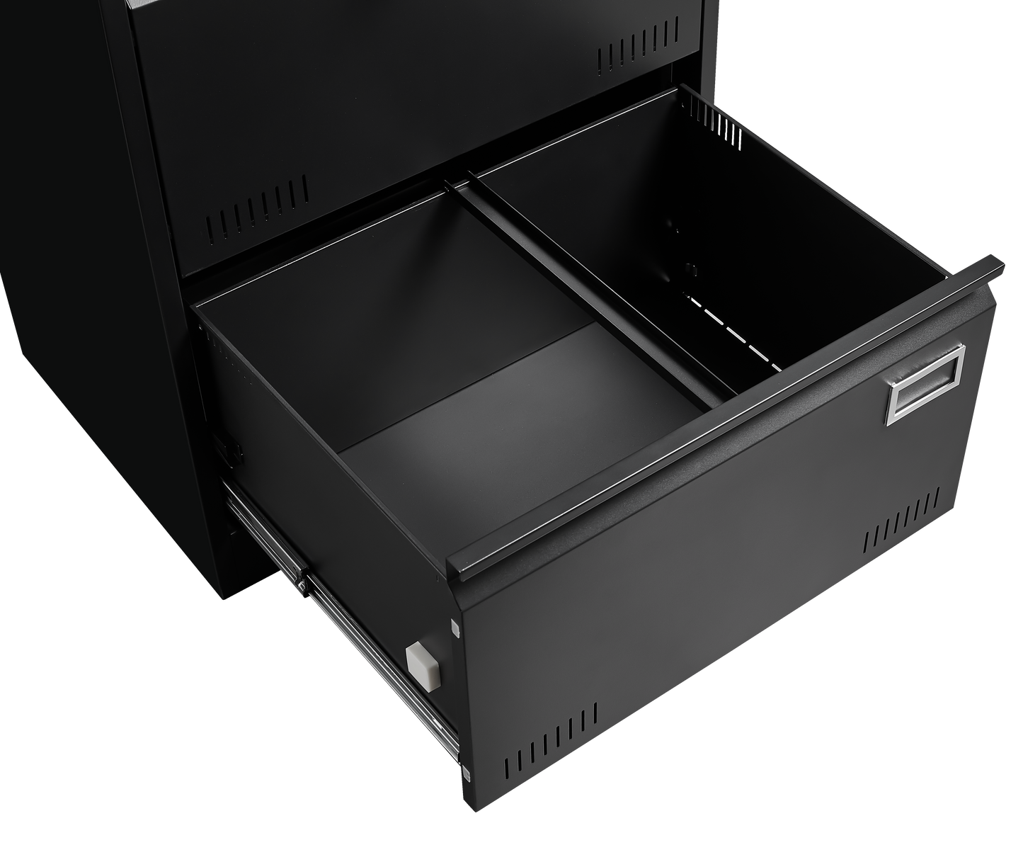 Black metal filing cabinet with open drawers ideal for office storage