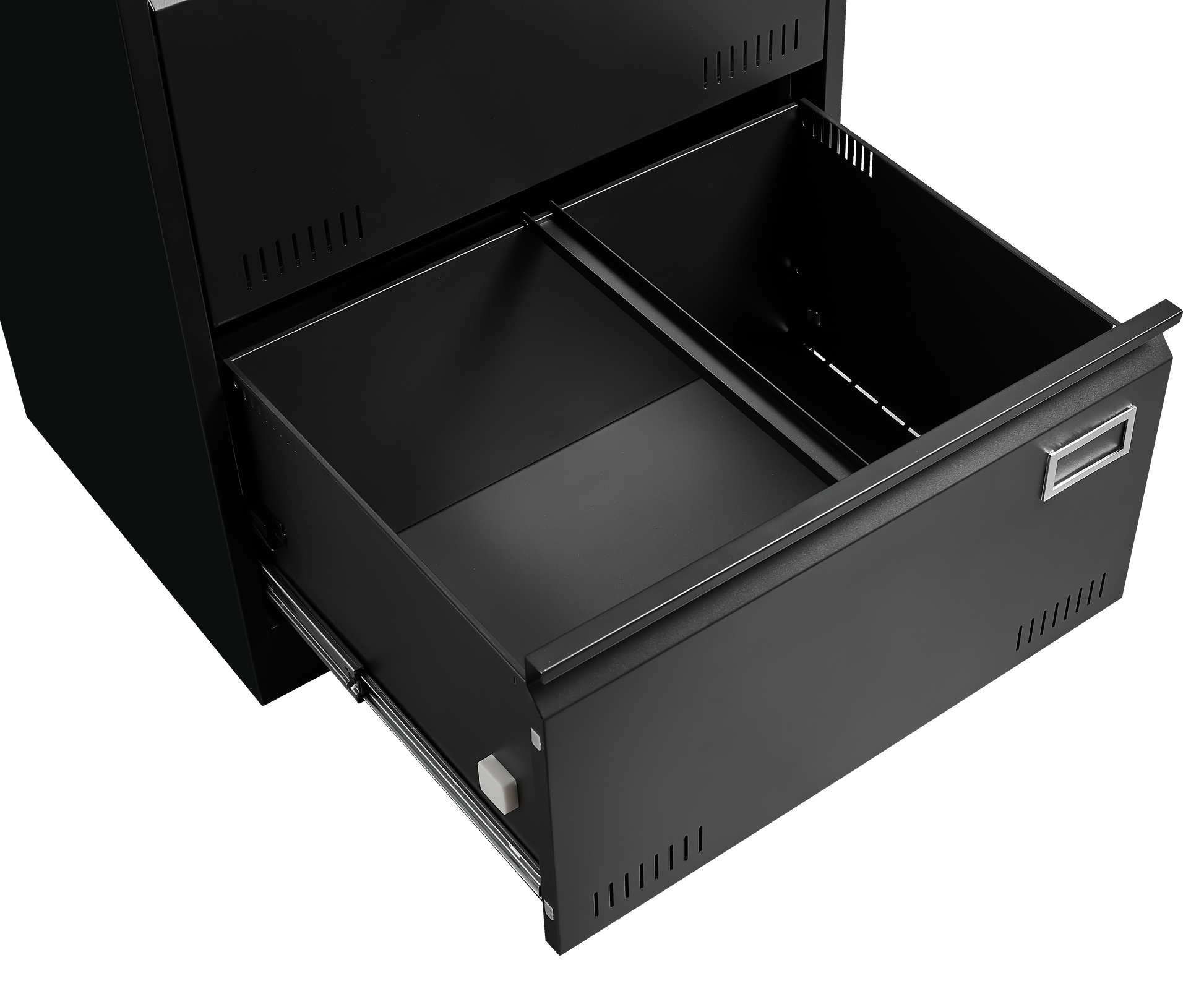 Black metal filing cabinet with open drawers ideal for office storage