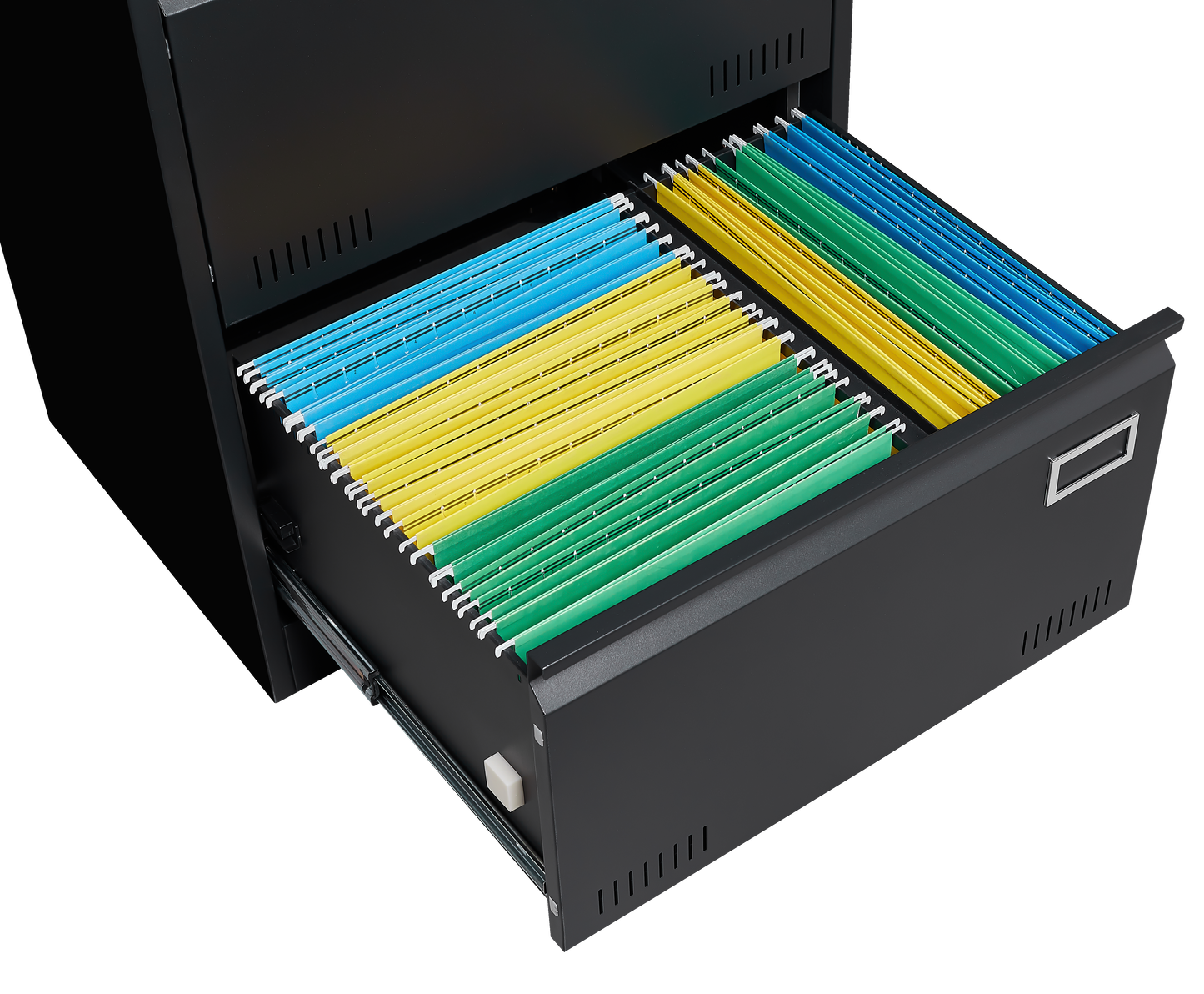 Black metal filing cabinet with open drawer displaying colorful hanging folders blue yellow and green