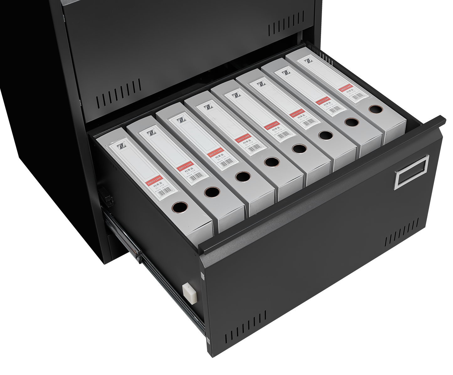 Open black filing cabinet drawer filled with grey binders for efficient document organization