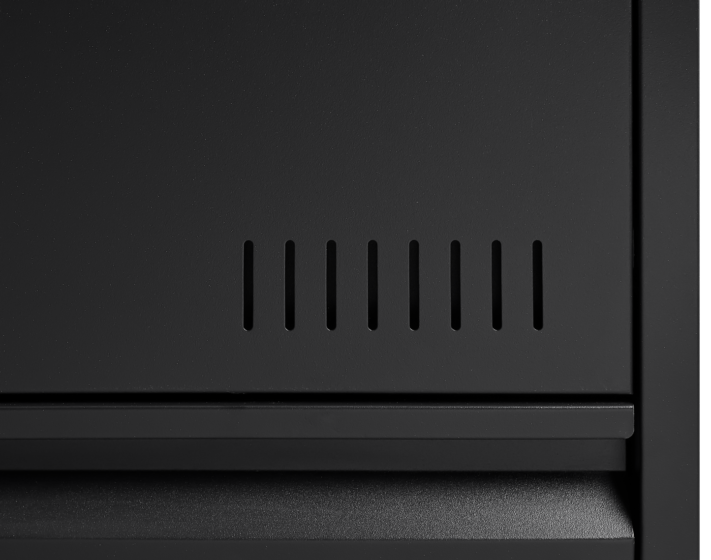 Black metal cabinet with vertical ventilation slots