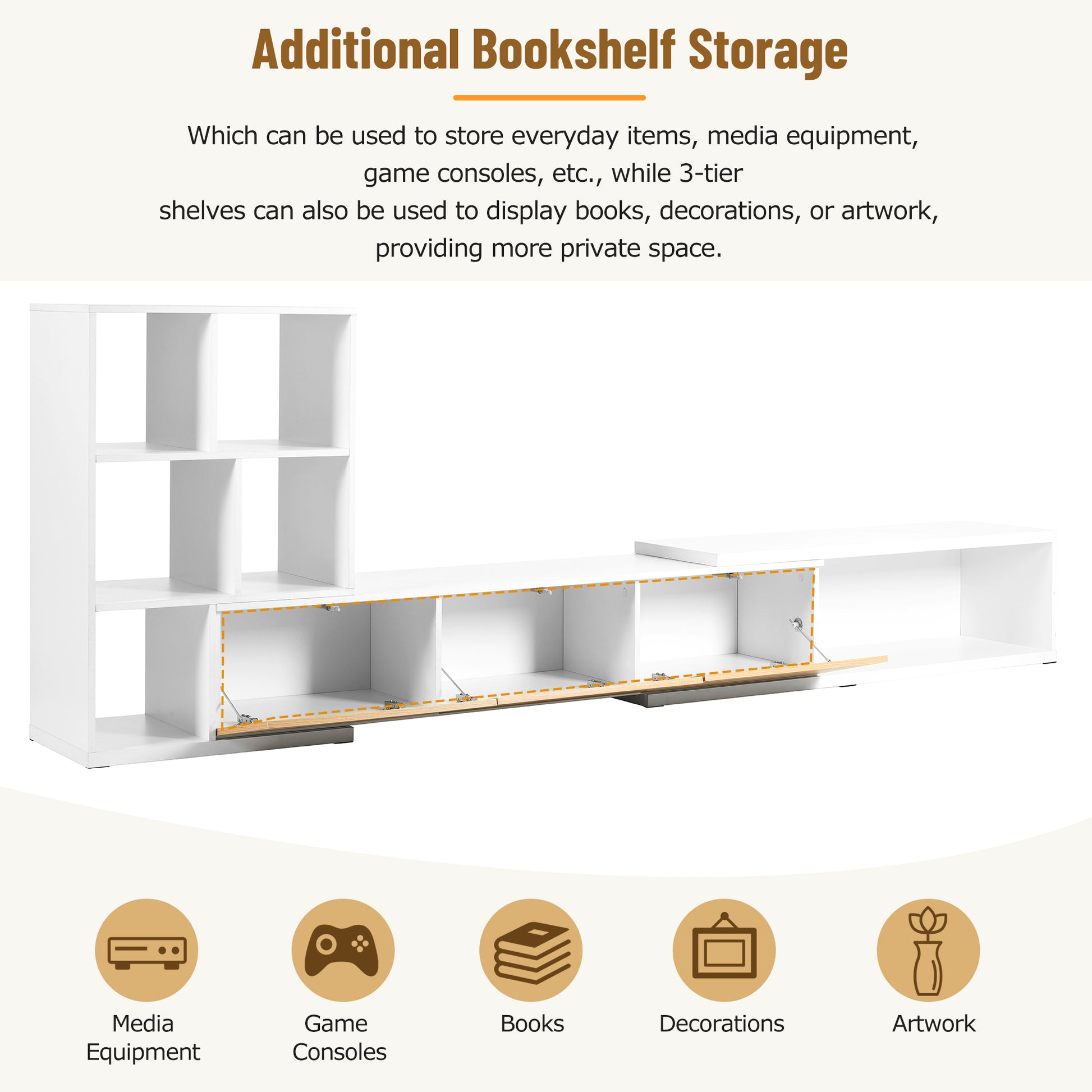 Modern white entertainment center with open shelves and hidden cabinet storage