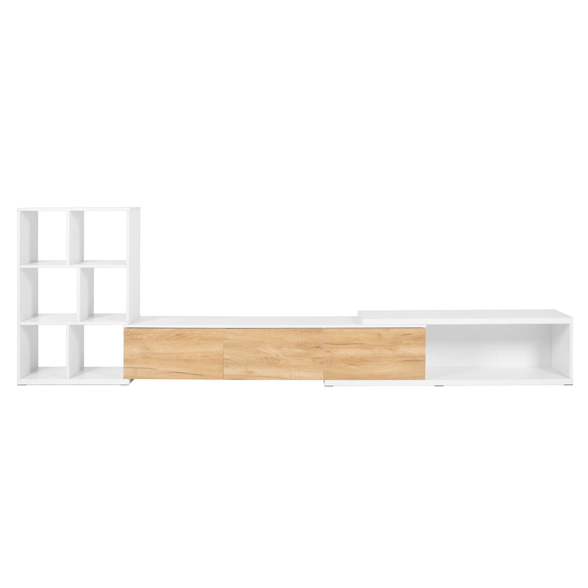 Modern white TV stand with oak drawers and open shelving perfect for living room media storage