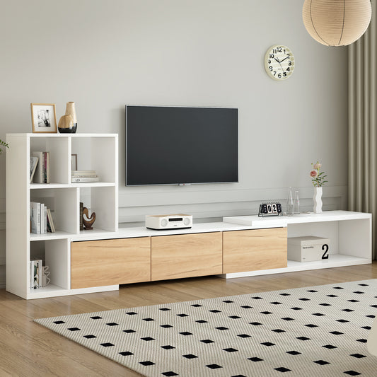 Modern white entertainment center with natural wood drawers and open shelving