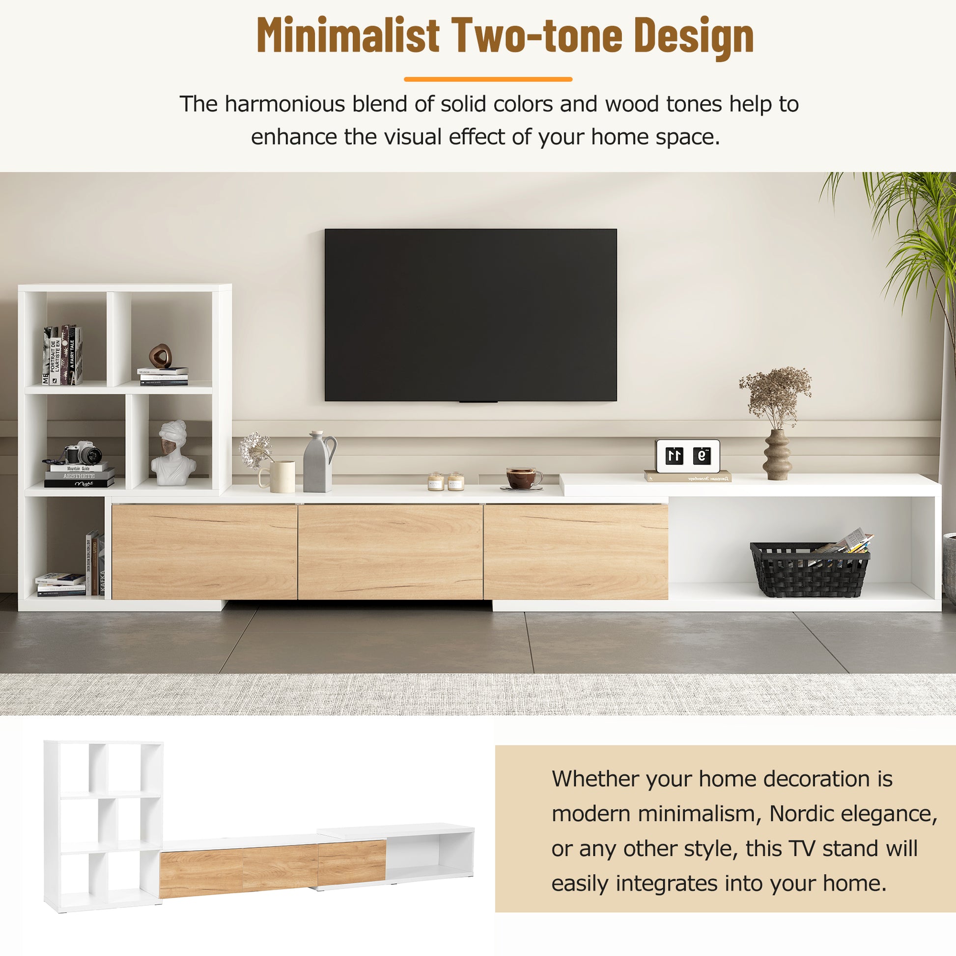 Modern white and wood grain TV stand with shelving  characters