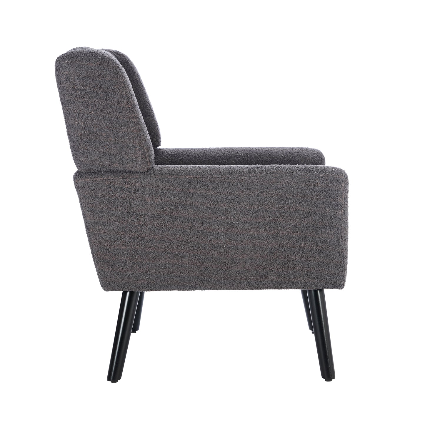 Dark gray boucle fabric accent chair with black tapered legs