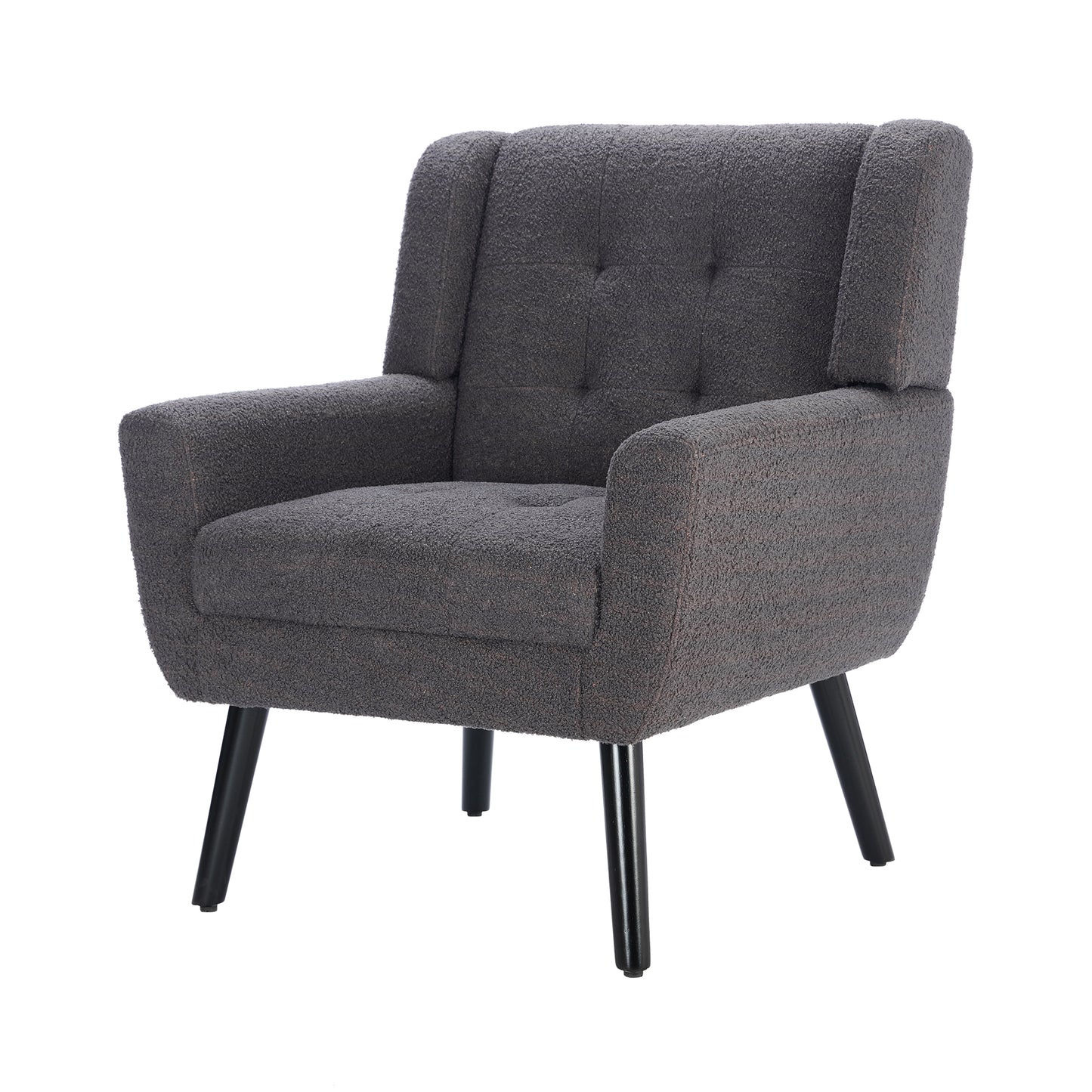 Dark gray boucle armchair with tufted back and black tapered legs