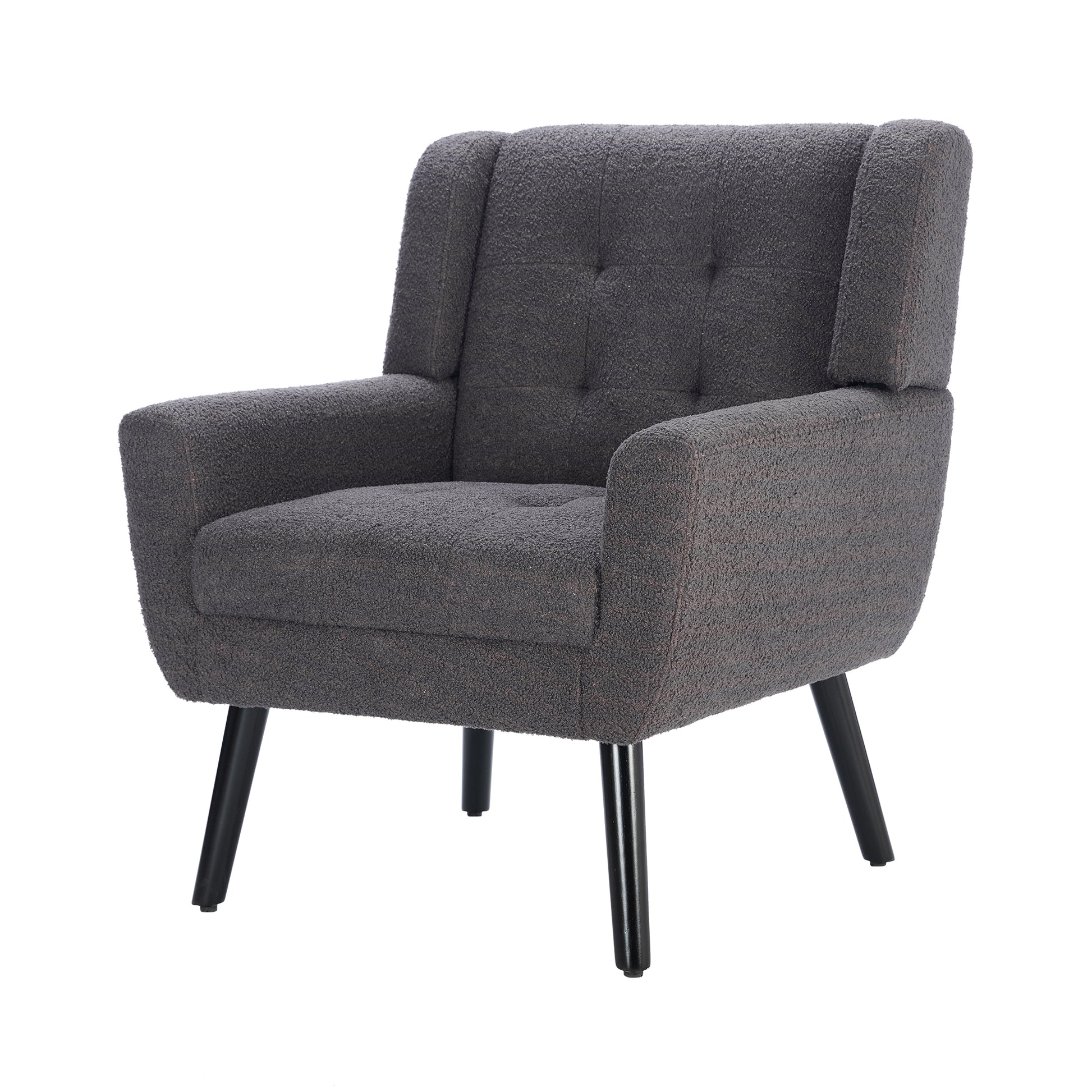 Dark gray boucle armchair with tufted back and black tapered legs