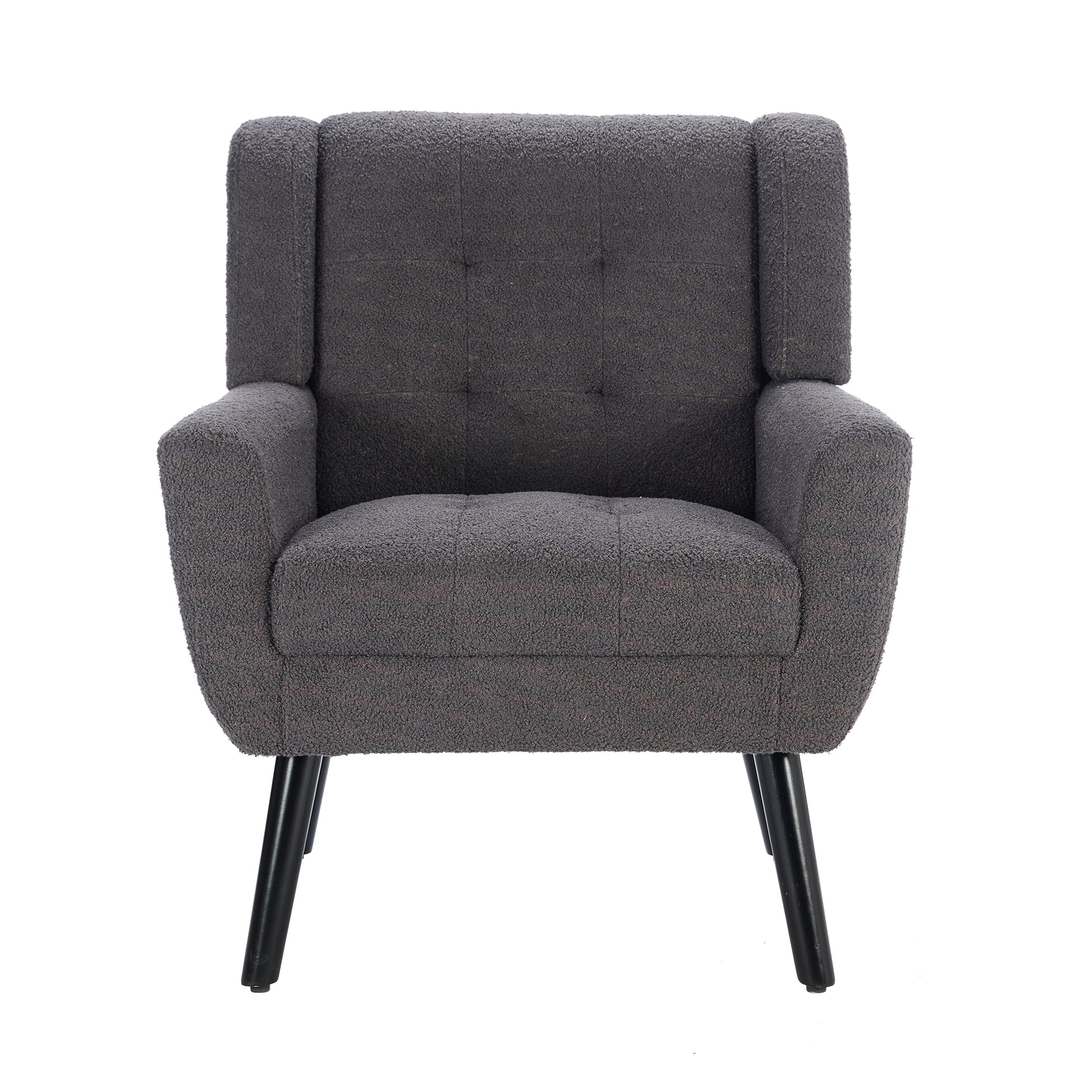 Plush grey accent chair with tufted back and clean lines perfect for modern living rooms