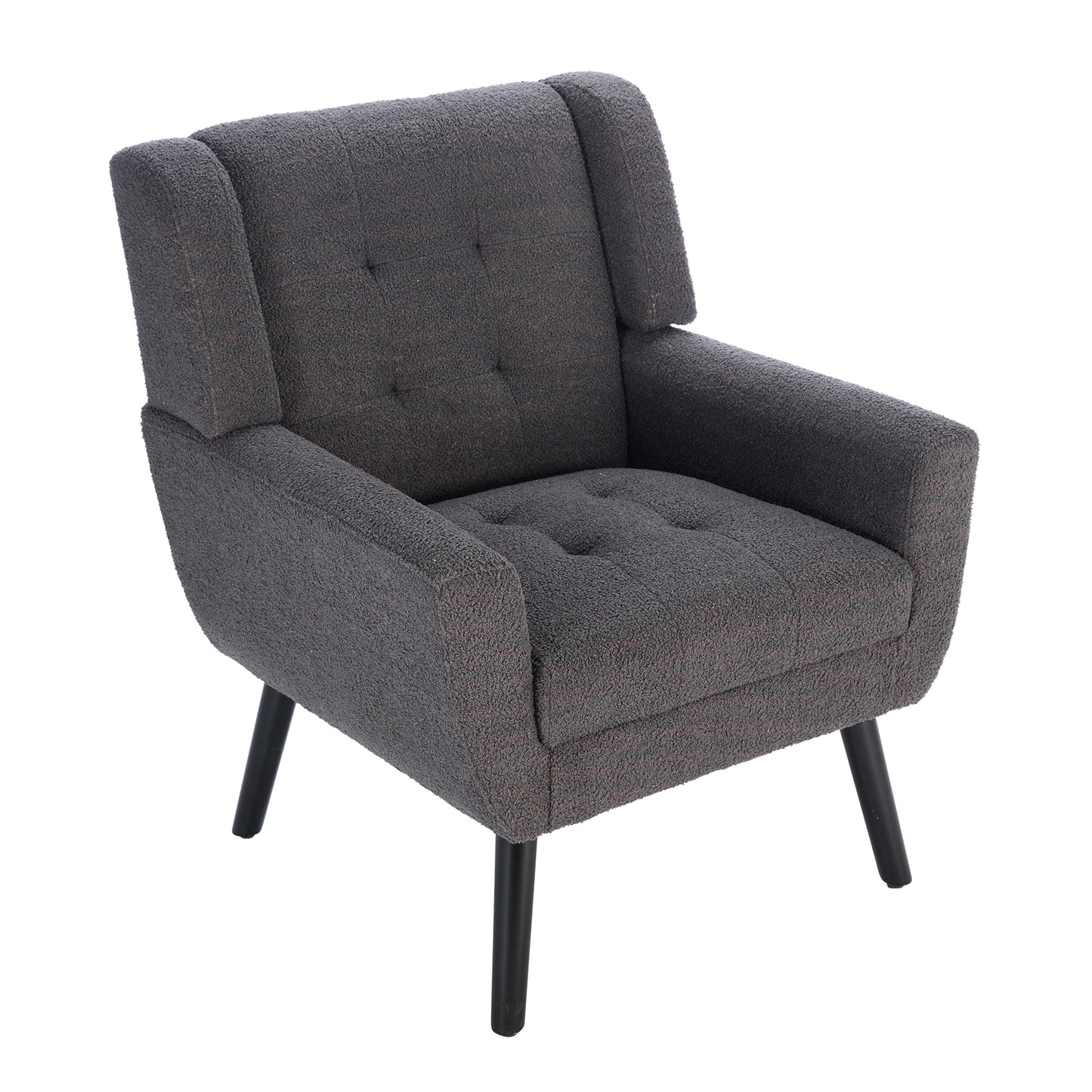 Tufted gray boucle accent chair with tapered black legs modern armchair for living room