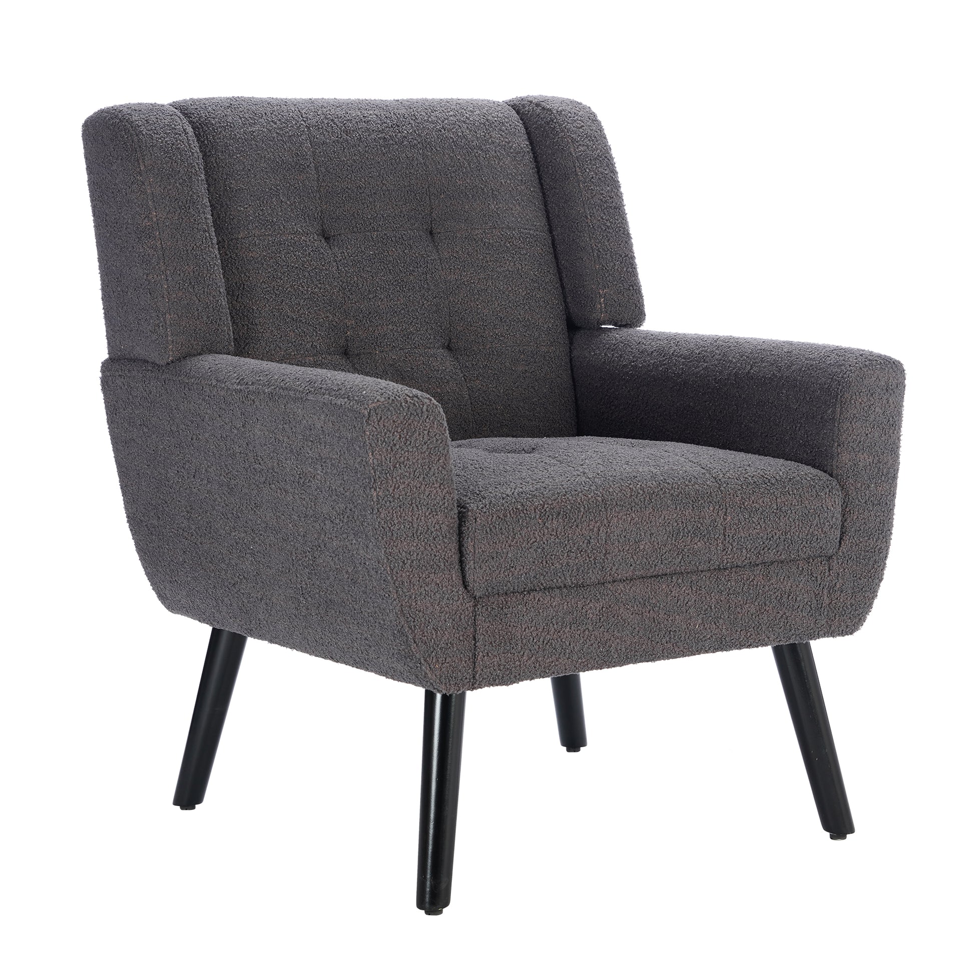 Charcoal grey boucle fabric armchair with button tufting and black tapered legs