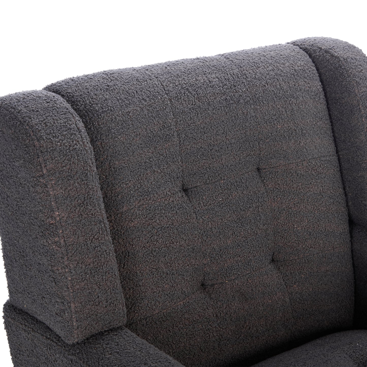 Textured dark brown boucle armchair back with button tufting