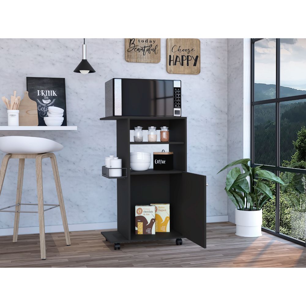 Black kitchen cart with microwave shelf and open cabinet door