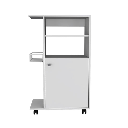 White rolling storage cart with shelves and a cabinet door