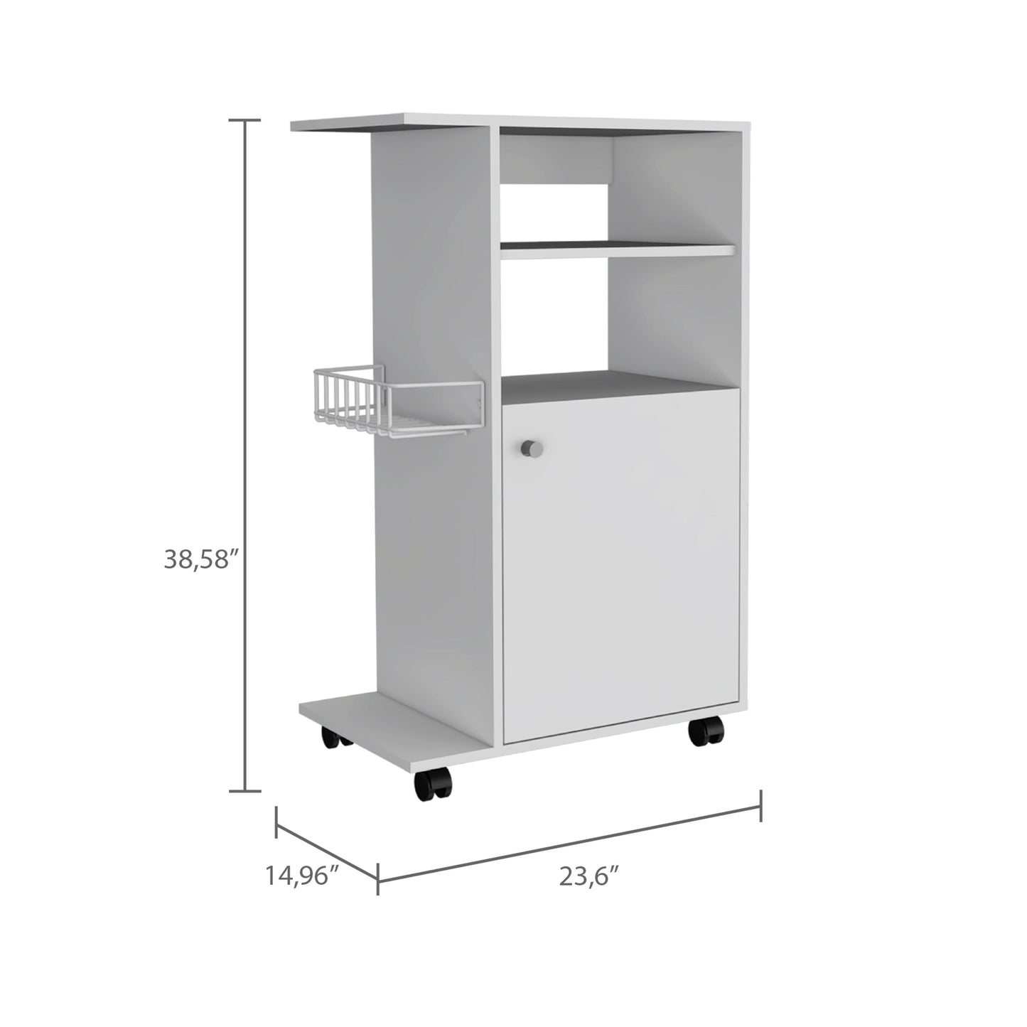 White rolling kitchen cart with open shelves and enclosed cabinet