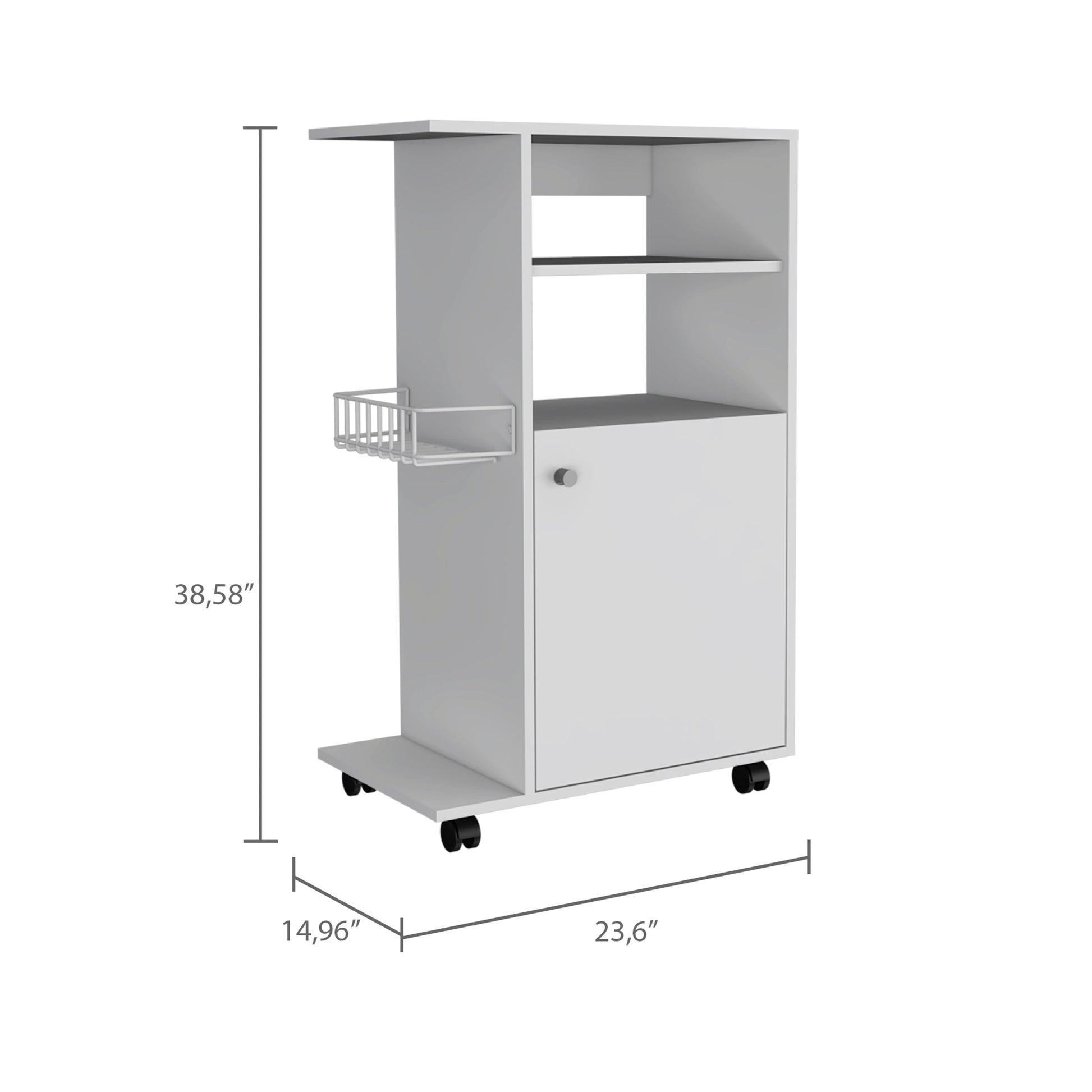 White rolling kitchen cart with open shelves and enclosed cabinet