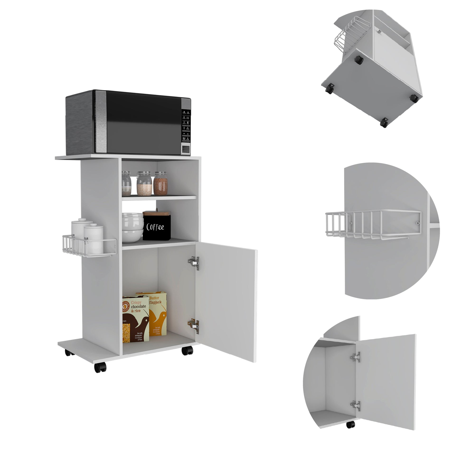 White mobile kitchen cart with microwave and storage