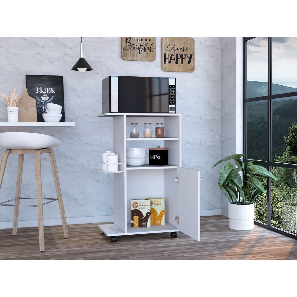 White kitchen microwave cart with open door and storage shelves