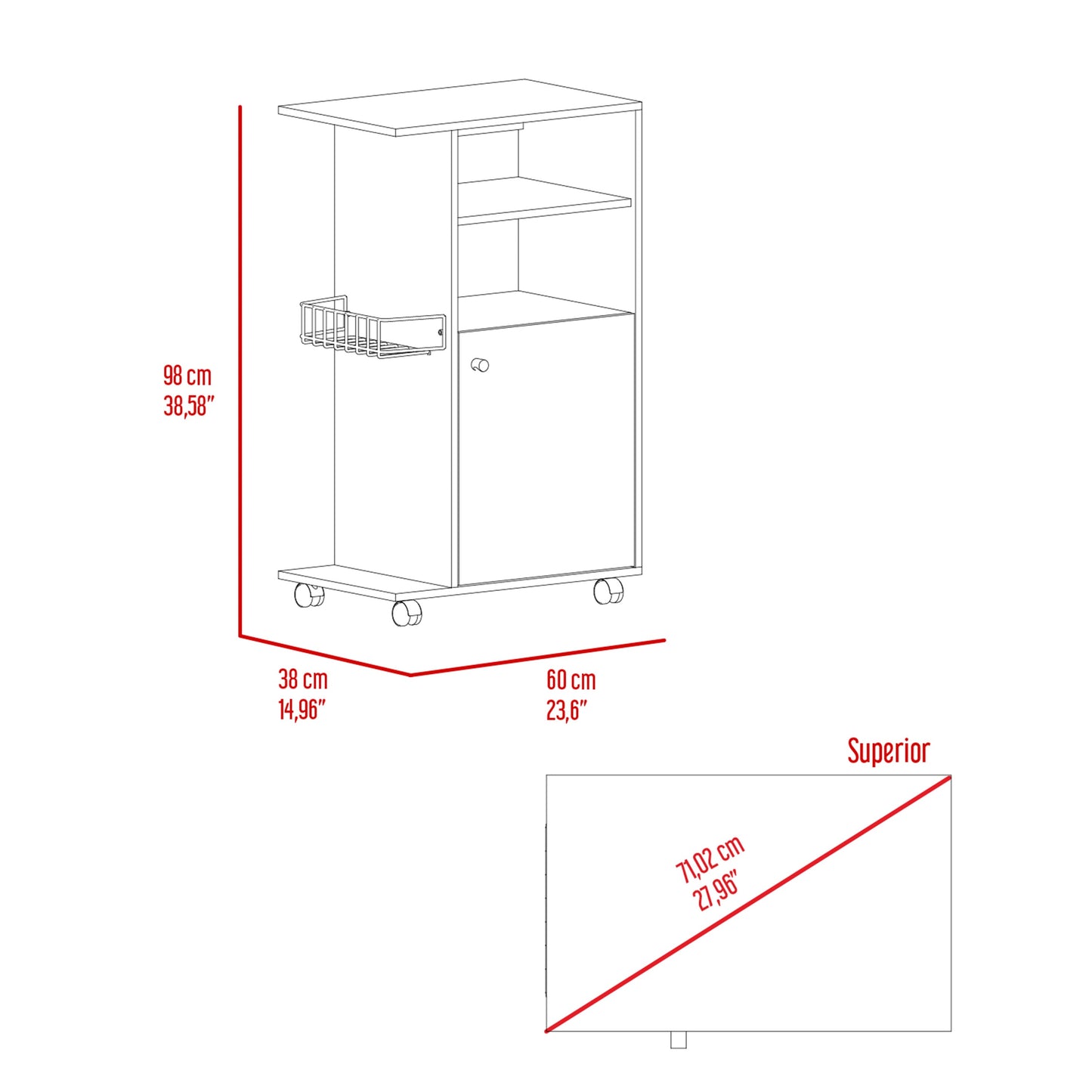 Line drawing of a mobile bar cart with dimensions