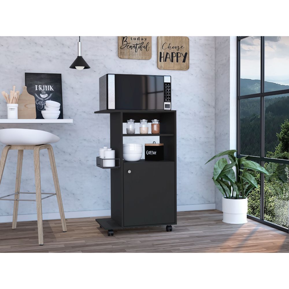 Black kitchen microwave cart with storage shelves and cabinet