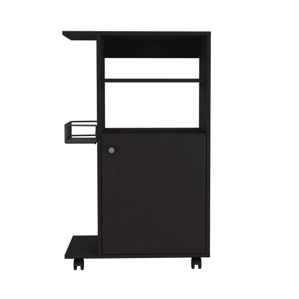 Black metal rolling bar cart with open shelving and storage cabinet