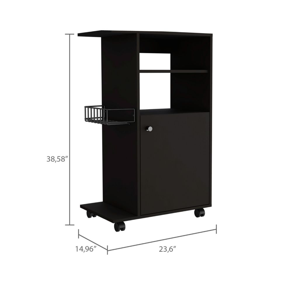 Black rolling kitchen cart with basket and cabinet