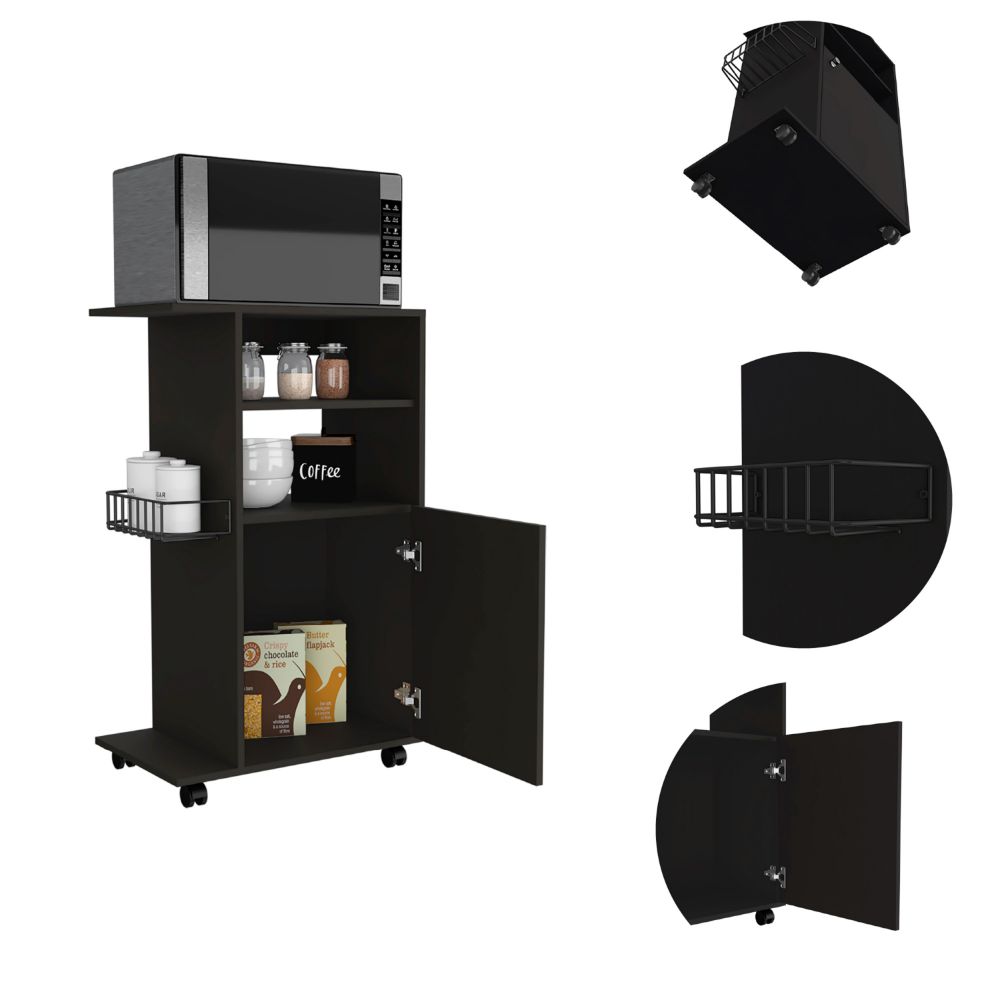 Black kitchen cart with microwave shelf and storage cabinet