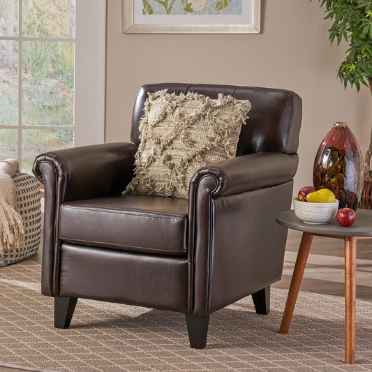 Dark brown leather accent chair with plush cushion and rolled arms