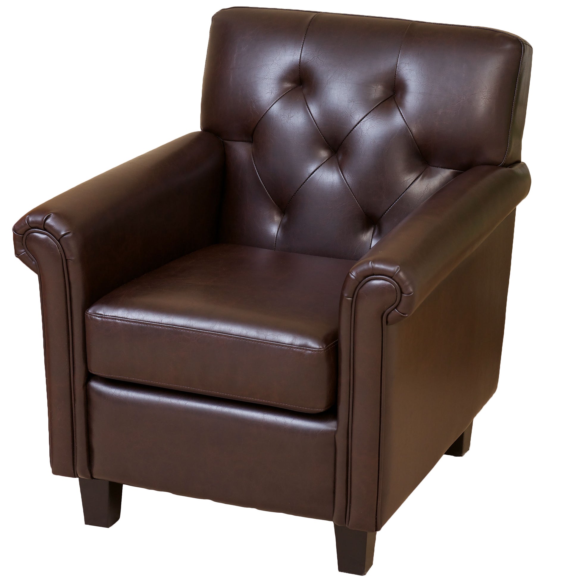 Tufted dark brown leather armchair with rolled arms and classic design