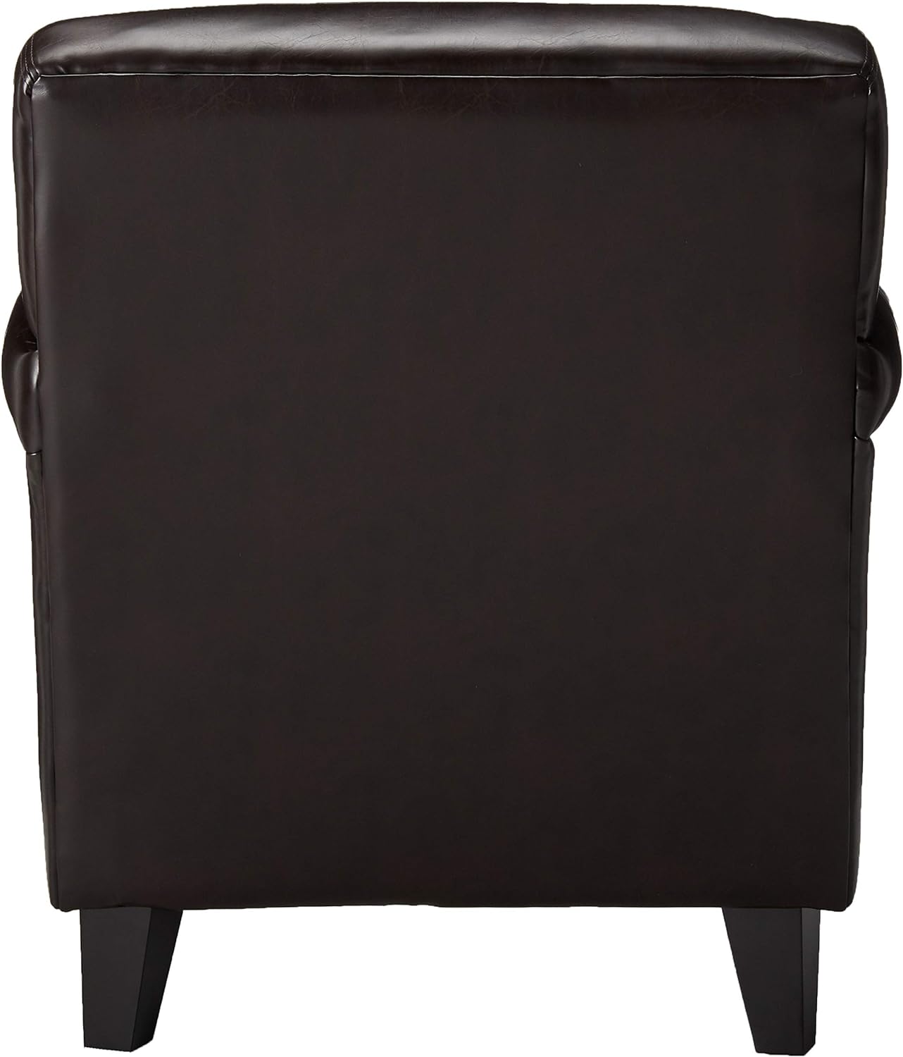 Back view of a dark brown faux leather armchair with squared legs