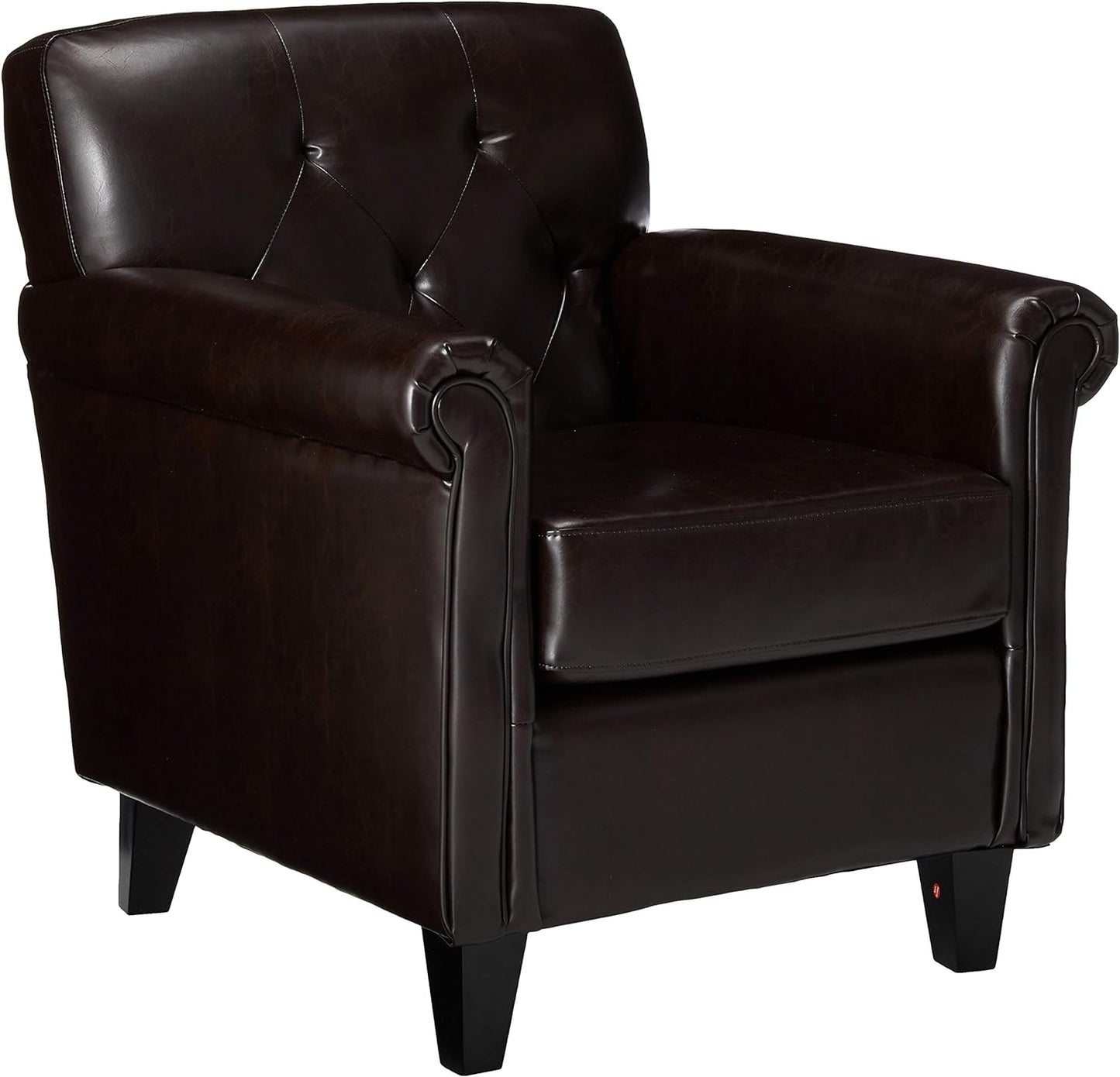 Dark brown leather armchair with tufted back and rolled arms
