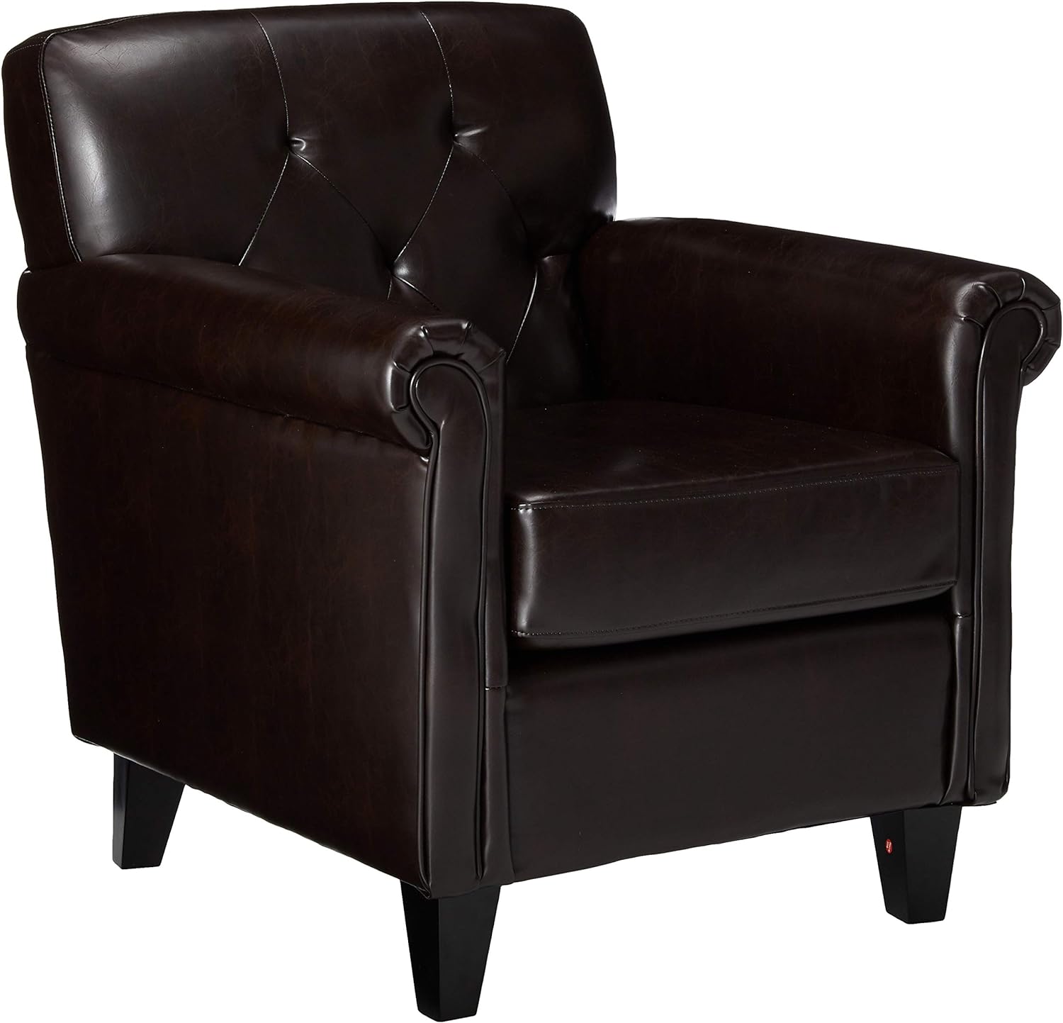 Dark brown leather armchair with tufted back and rolled arms