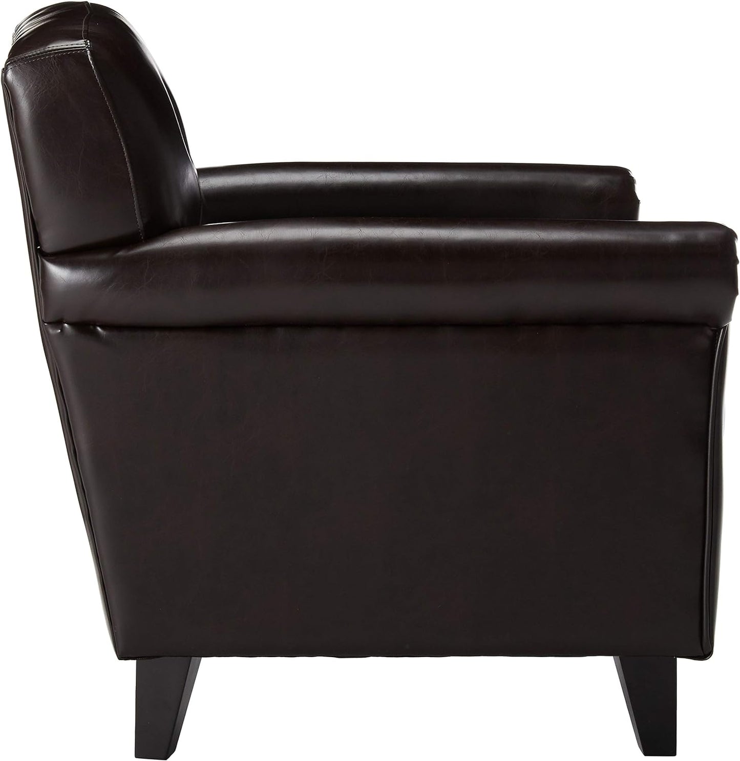 Dark brown faux leather armchair side view