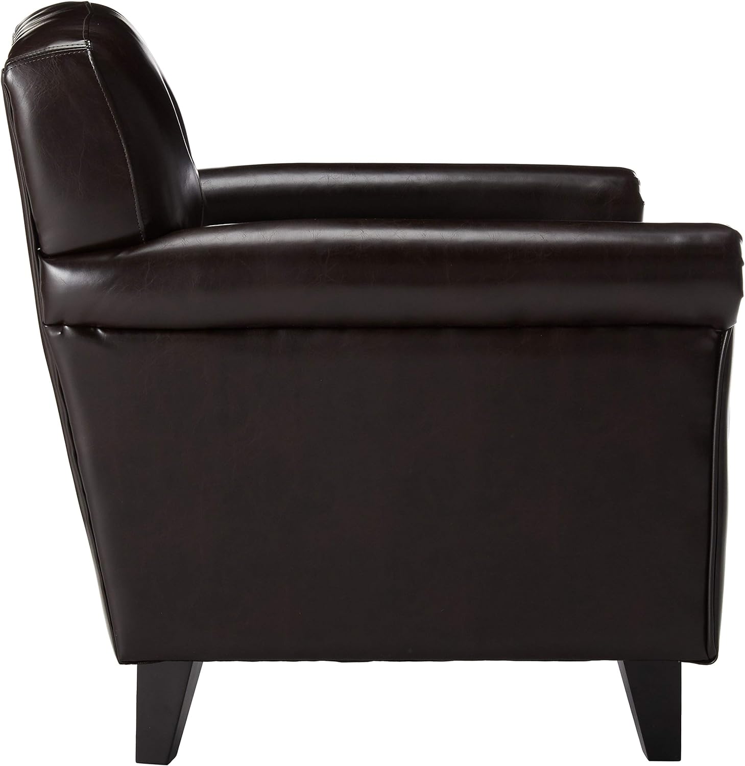 Dark brown faux leather armchair side view