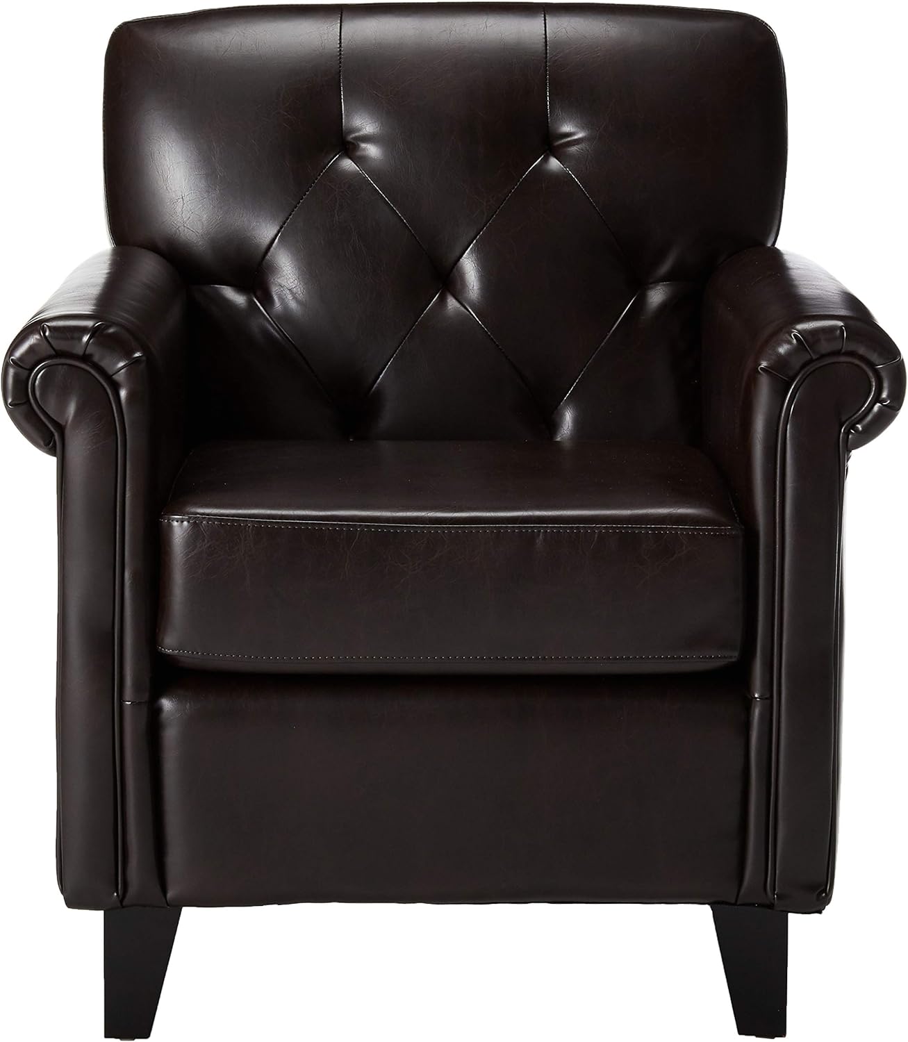 Tufted dark brown leather armchair with rolled arms and diamond stitching