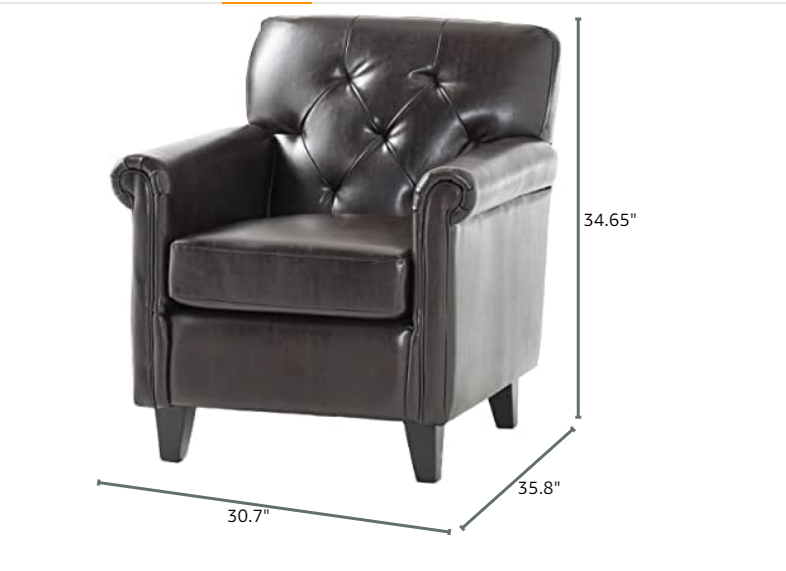 Tufted dark brown faux leather accent chair with rolled arms and wooden legs